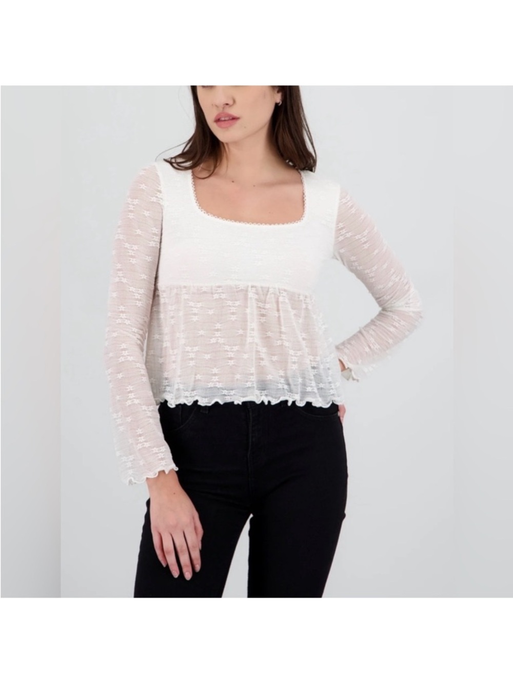Square-Neck White Sheer Lace babydoll Blouse